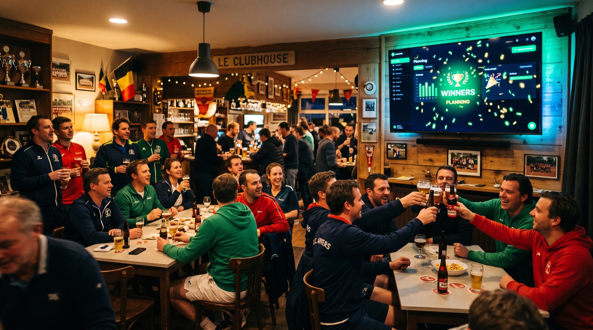 De kantine in de avond, finales op het grote scherm