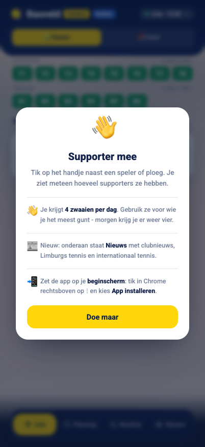 Het welkomstscherm van de app met de uitleg over supporteren